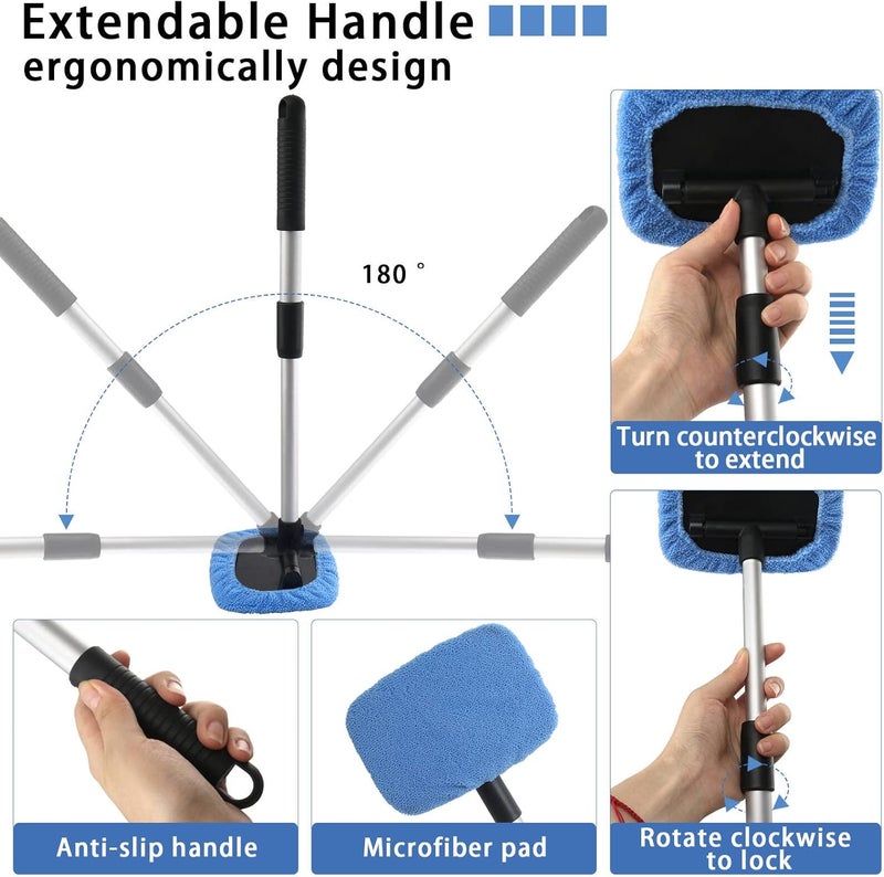 LeeLoon 5 PCS Windshield Cleaning Tools, 18 inch Microfiber Car Window Cleaning Tool with Extendable Handle, Auto Interior Exterior Glass Wiper Car Glass Cleaner Kit with Microfiber Bonnet Pads and Cloth - Image 4